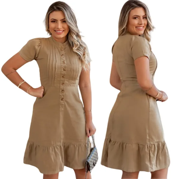 Vestido Midi Feminino de Brim para Looks Casuais Vestido feminino midi casual de manga curta em tecido brim