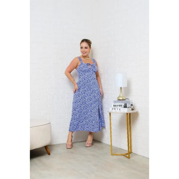 Vestido midi feminino com fenda para looks casuais Vestido feminino midi com alça regata, fenda e forro