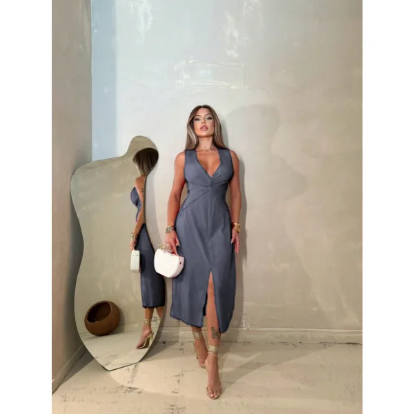 Vestido midi feminino com decote V para festas e eventos Vestido feminino midi com alça larga, decote V e fenda