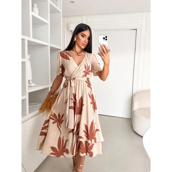 Vestido Midi Feminino com Manga para Festa Casual Vestido feminino midi com manga e cinto para amarrar