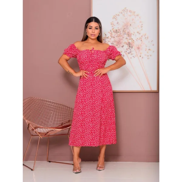 Vestido Midi Feminino com Manga Princesa e Fenda Vestido feminino midi com manga princesa, forro e fenda na frente