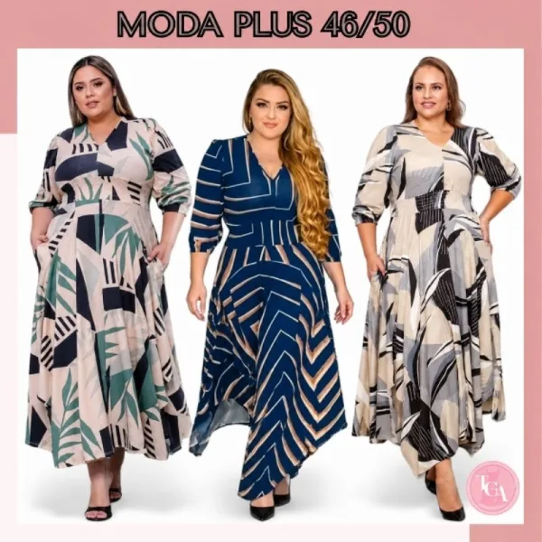 Vestido Midi Feminino Plus com Manga 3/4 e Bolsos Vestido feminino plus de comprimento longo com manga 3/4, cintura com elastex e bolsos