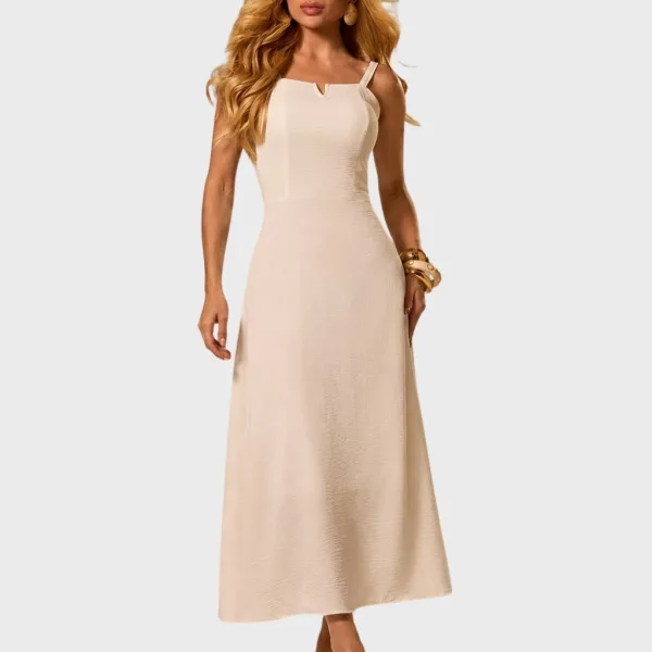 Vestido Midi Forrado com Alcinha Regulável para o Dia a Dia Vestido midi forrado soltinho com alcinha regulável e decote em V