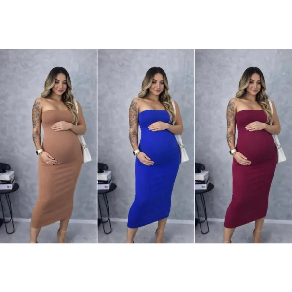 Vestido Midi Gestante Tomara Que Caia Canelado Vestido midi gestante tomara que caia com textura canelada e modelagem tubinho
