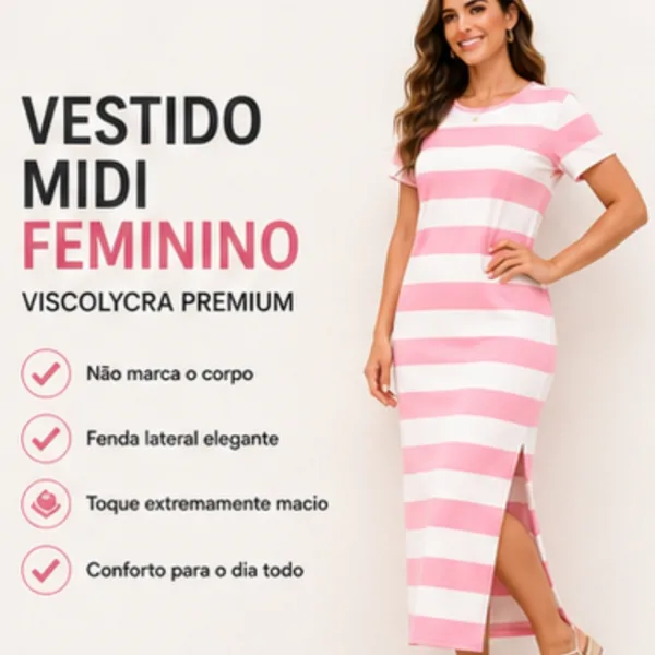Vestido Midi Listrado em Viscolycra para Looks Elegantes Vestido midi feminino listrado em viscolycra premium com fenda lateral