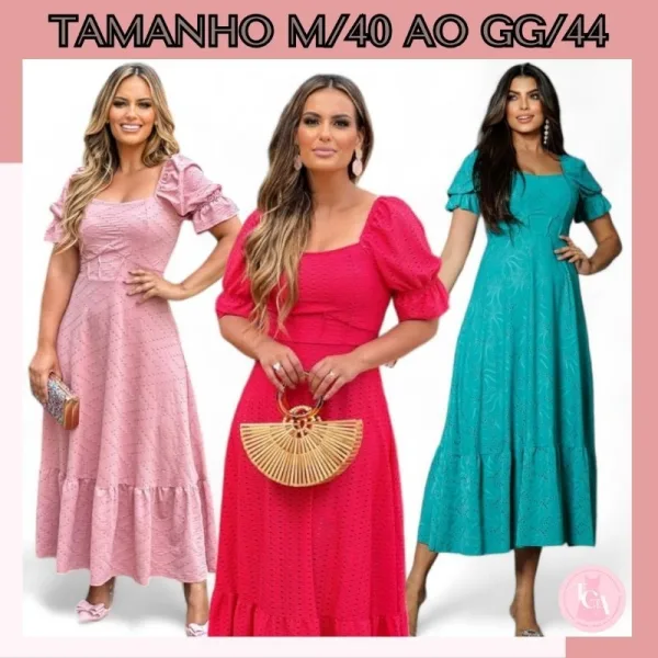 Vestido midi com manga bufante e saia godê para festa Vestido feminino midi com manga bufante e saia godê rodada