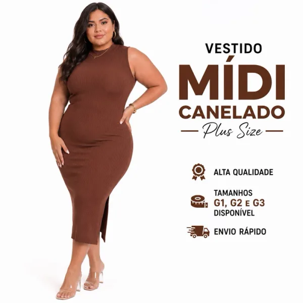 Vestido Midi Plus Size Canelado com Fenda Lateral Vestido feminino plus size midi canelado com gola alta e fenda lateral