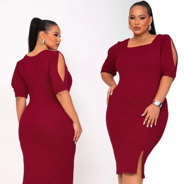 Vestido Midi Plus Size com Fenda e Detalhe no Ombro Vestido midi feminino plus size com fenda e detalhe no ombro