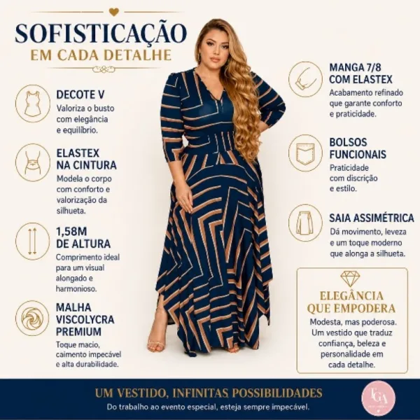 Vestido Midi Plus Size com Manga 7/8 e Bolsos Vestido midi feminino plus size com manga 7/8, cintura lastex e bolsos