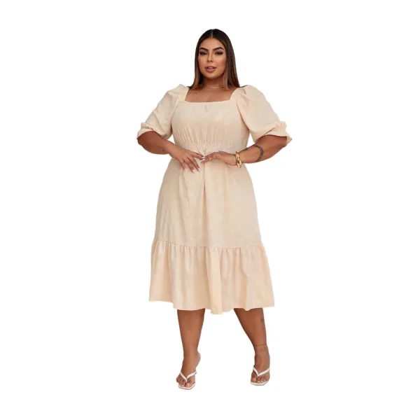 Vestido Midi Plus Size com Manga Bufante e Decote Quadrado Vestido midi feminino plus size com manga curta bufante e decote quadrado