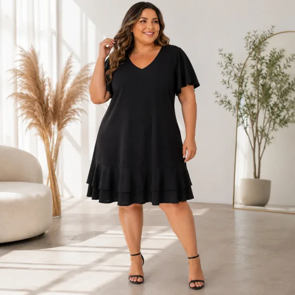 Vestido Midi Plus Size de Manga Curta para o Verão Vestido midi plus size de manga curta com caimento soltinho