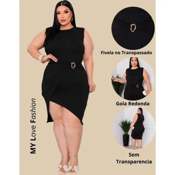 Vestido Midi Plus Size Transpassado para Festa e Casual Vestido midi plus size feminino transpassado com fivela assimétrica
