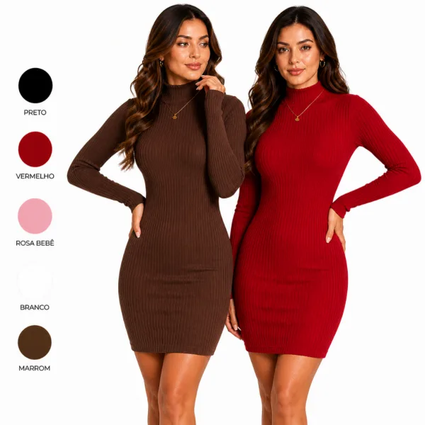 Vestido midi preto de manga longa e gola alta Vestido midi preto tubinho com manga longa e gola alta