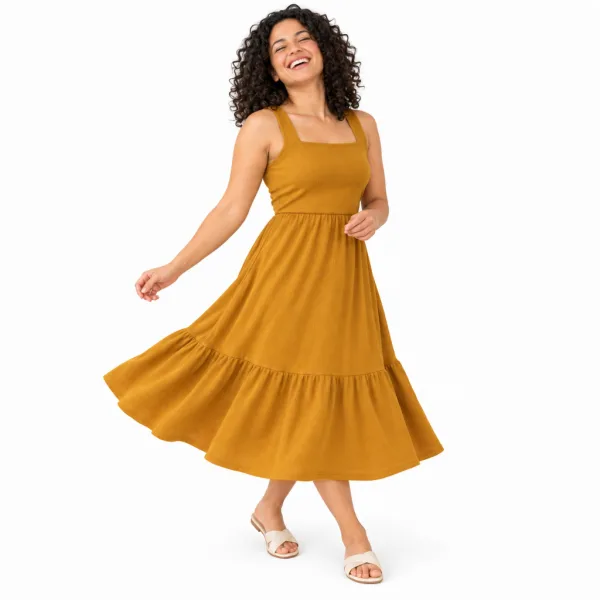 Vestido Midi Rodado com Alça e Busto Duplo Vestido midi feminino rodado liso com alças e busto duplo