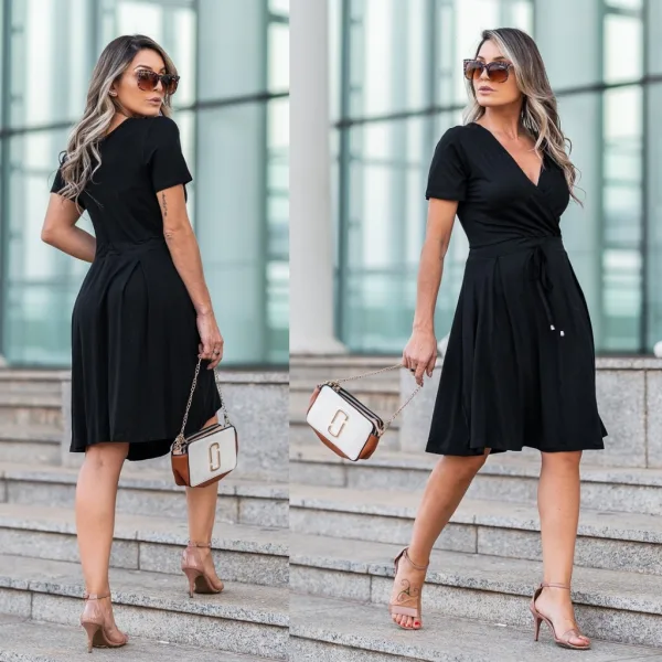 Vestido Midi Transpassado com Decote e Manga Curta Vestido midi transpassado com decote e manga curta