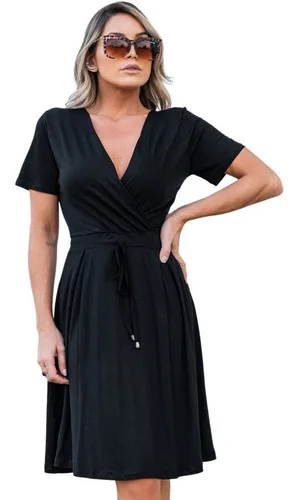 Vestido Midi Transpassado com Manga Curta para Looks Elegantes Vestido midi transpassado de manga curta para moda feminina