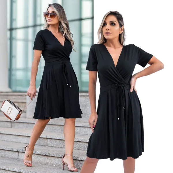 Vestido Midi Transpassado Social para Moda Evangélica Vestido midi transpassado social com manga curta
