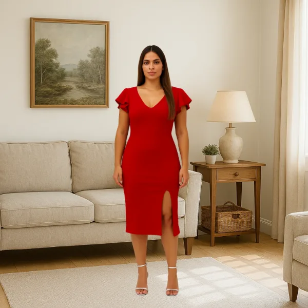 Vestido Midi Tubinho com Fenda para Festas Elegantes Vestido feminino midi tubinho justo com fenda, manga curta e decote V