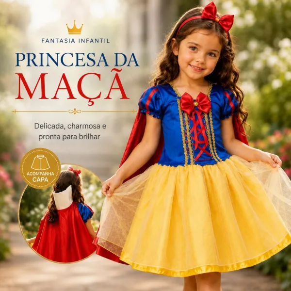 Vestido de Princesa Branca de Neve Curto para Festa Vestido fantasia curto de princesa Branca de Neve para festa e cosplay