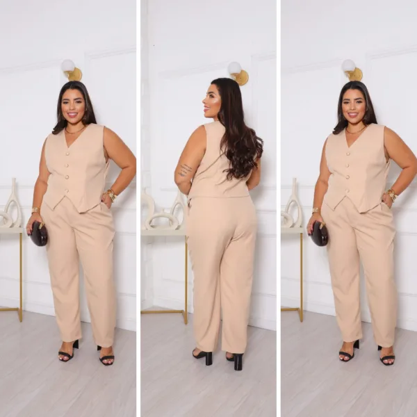 Conjunto feminino plus size de alfaiataria com calça Conjunto feminino plus size de alfaiataria com colete, blusa e calça social