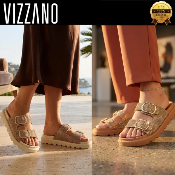 Papete Vizzano Feminina Birken com Strass e Flatform Papete Vizzano feminina estilo birken com fivela e strass