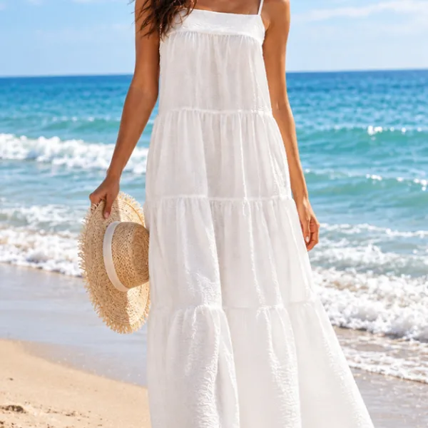 Vestido Longo de Alça com Babados para Verão e Praia Vestido longo feminino de alça com babados e modelagem solta