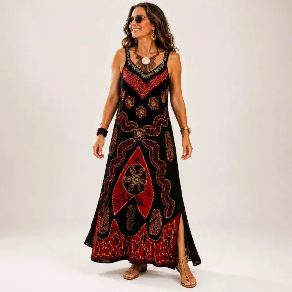 Vestido longo bordado para viagens e festas Vestido longo hippie indiano bordado para festas e viagens