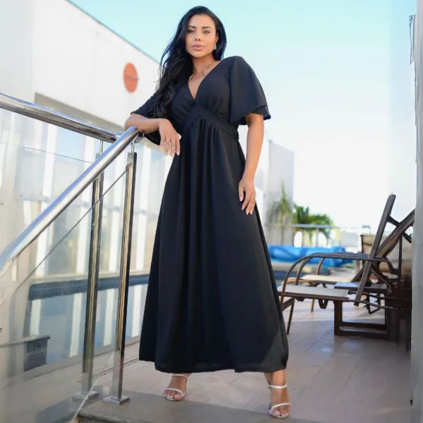 Vestido longo preto com gola V para festas e eventos Vestido feminino longo preto com gola V, cintura acinturada e manga curta