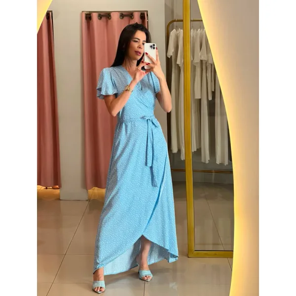 Vestido Poá Envelope Longo para Festa e Igreja Vestido longo poá com modelagem envelope traspassada
