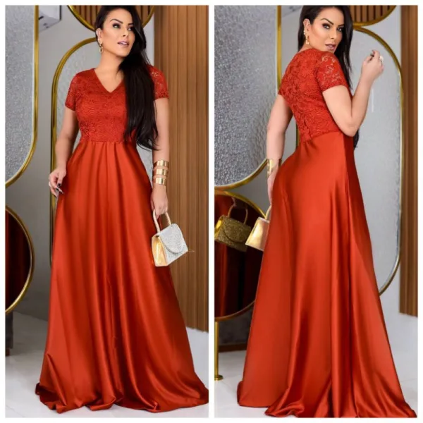 Vestido de renda terracota longo para festas e formaturas Vestido longo terracota com renda e saia de crepe acetinado para festa